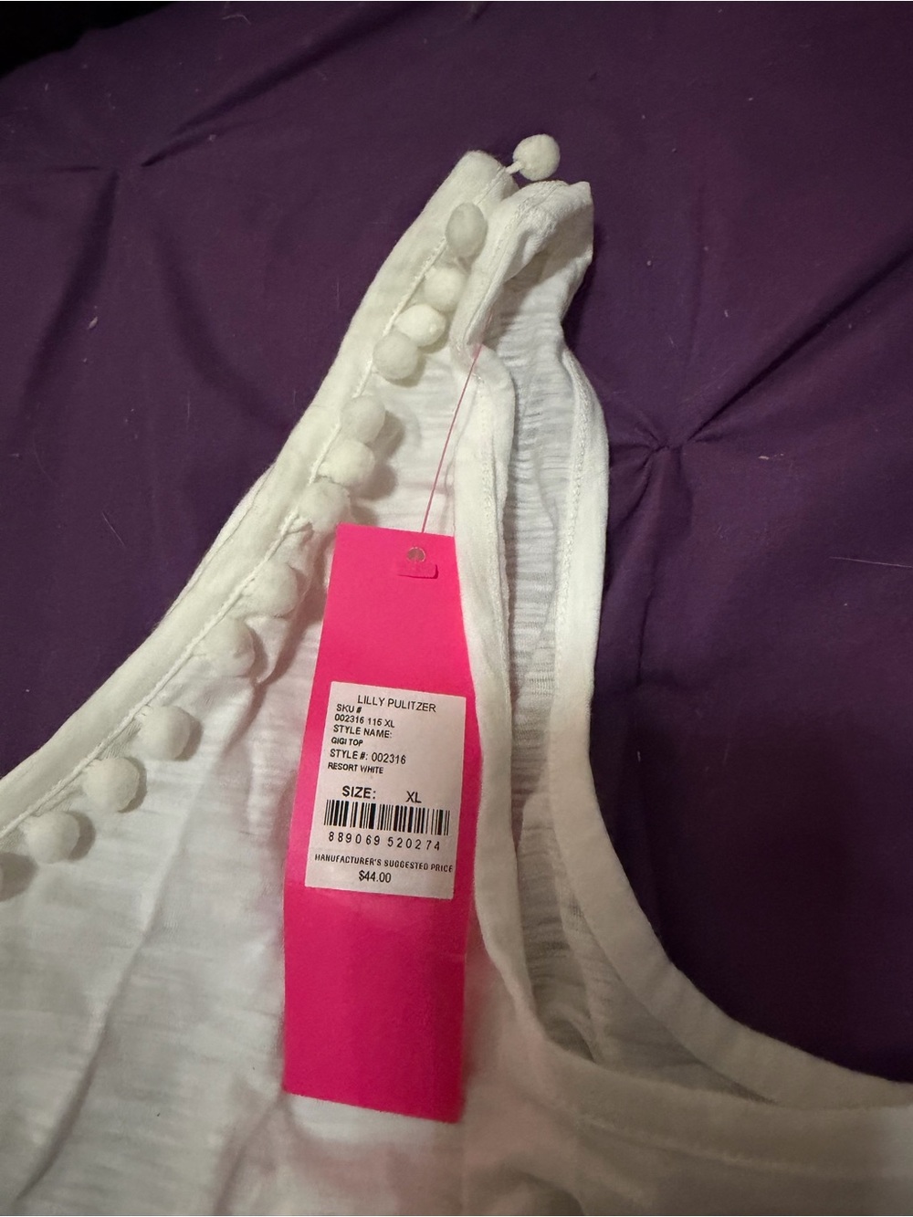 Lilly Pulitzer White V-Neck Tank with Pom Trim size XL - Picture 3 of 5